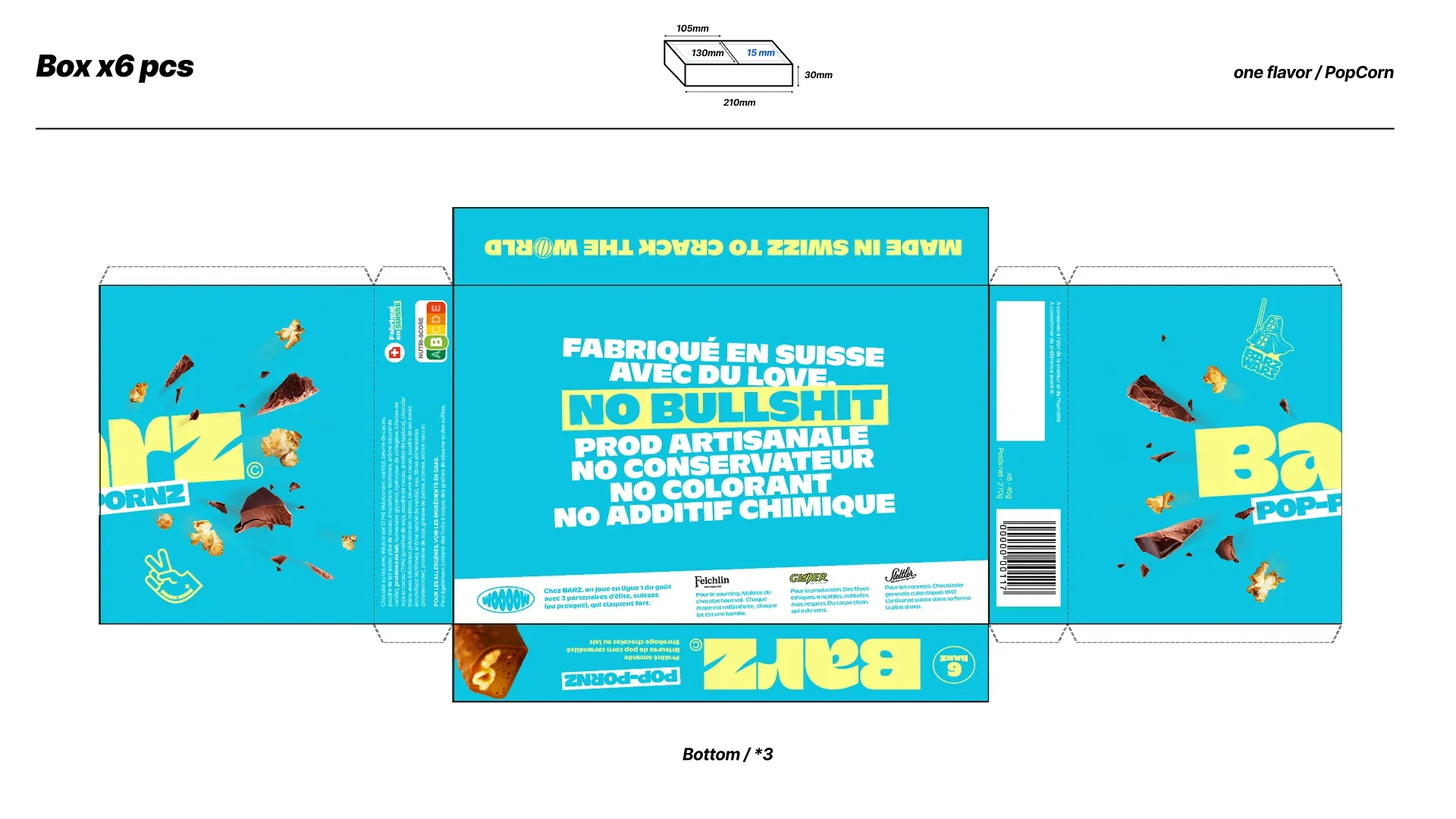Barz popcorn chocolate bar packaging dieline